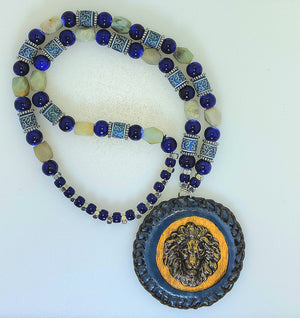 Blue Leather Wrapped Judah Medallion Necklace