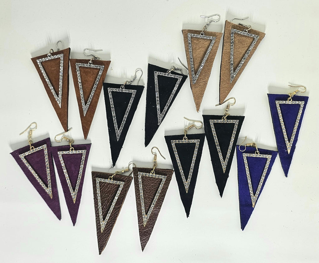 Leather Geometric and Rhinestone Earrings