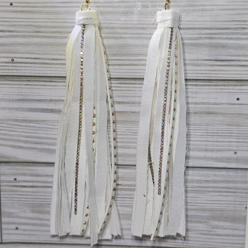 White Denim and Rhinestone Tassel Earrings