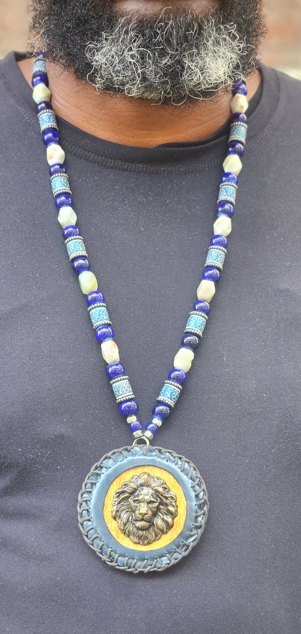 Blue Leather Wrapped Judah Medallion Necklace