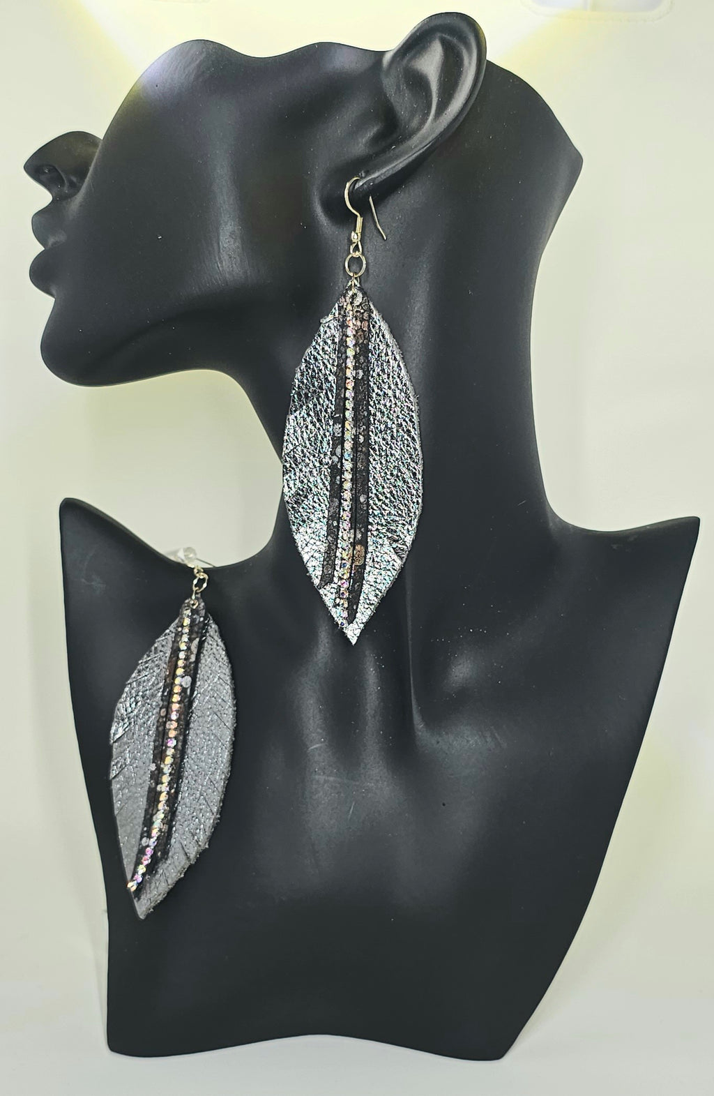Leather Feather and Rhinestone Earrings
