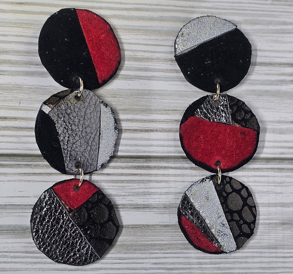 Red Silver and Black Leather Patchwork Circle Earrings