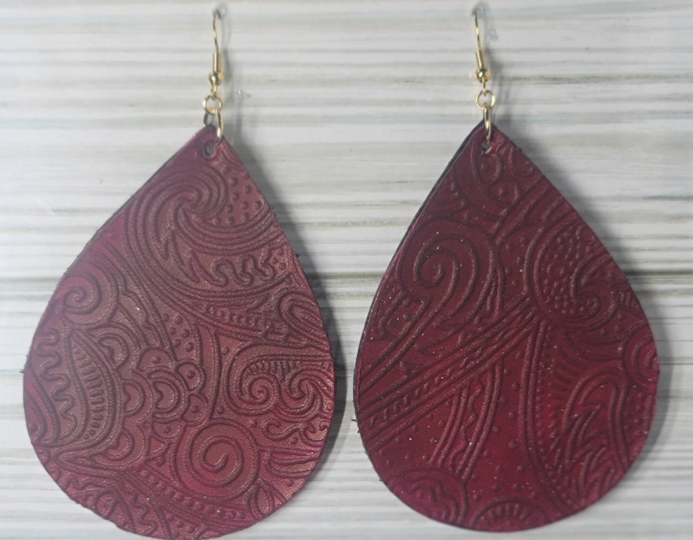 Large Teardrop Embossed Leather Earrings