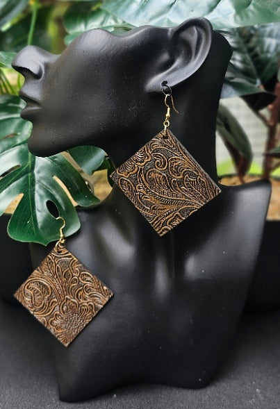 Embossed Faux Leather Wood Earrings