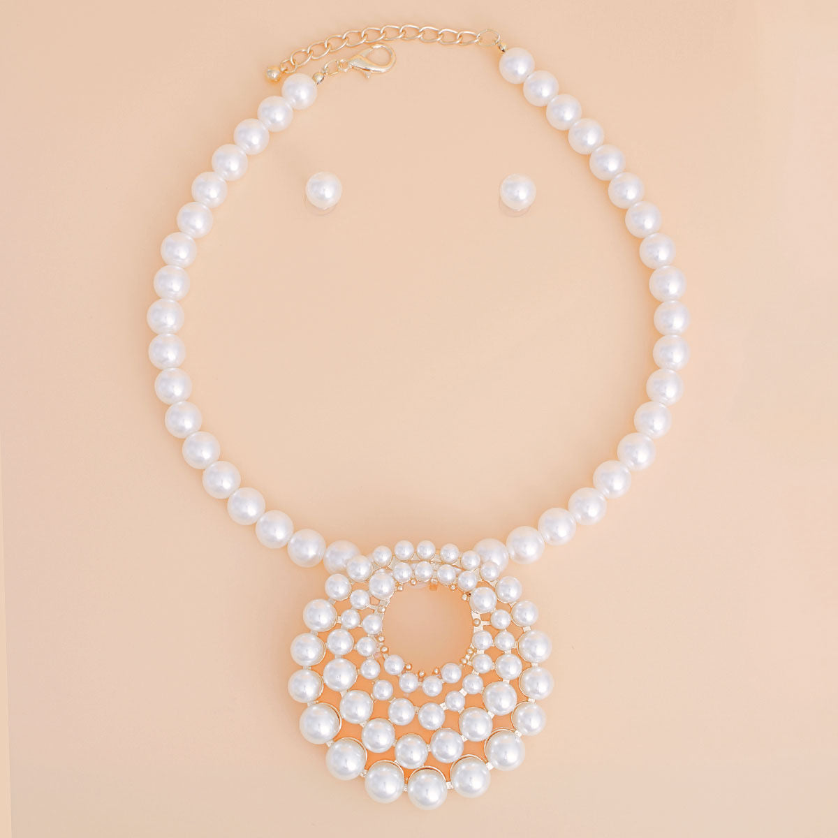 Pearl Necklace Cream Round Pendant Set for Women