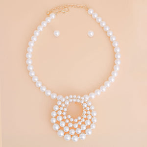 Pearl Necklace Cream Round Pendant Set for Women