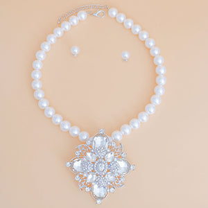 Pearl Necklace White Crystal Pendant Set for Women