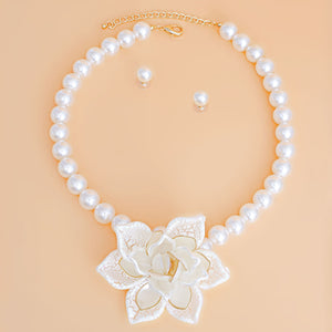 Pearl Necklace Cream Flower Pendant Set for Women