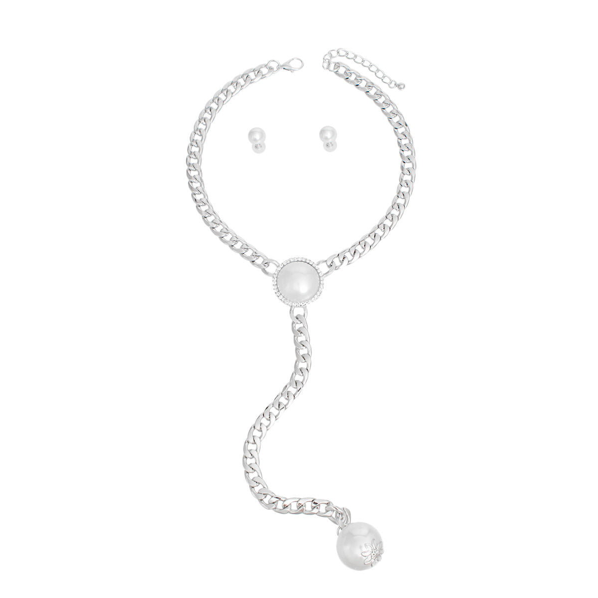 Necklace Silver Pearl Y Chain Set for Women