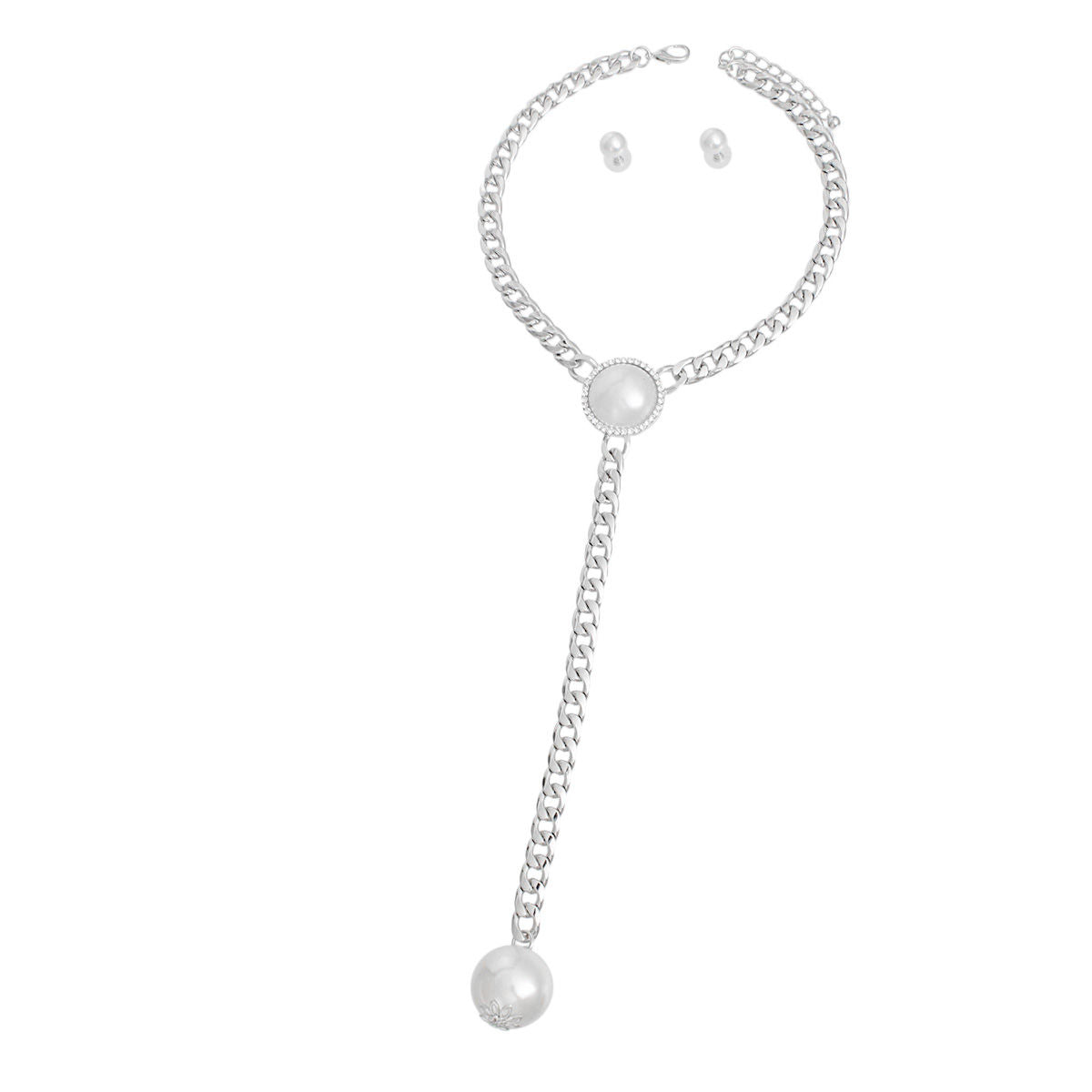 Necklace Silver Pearl Y Chain Set for Women