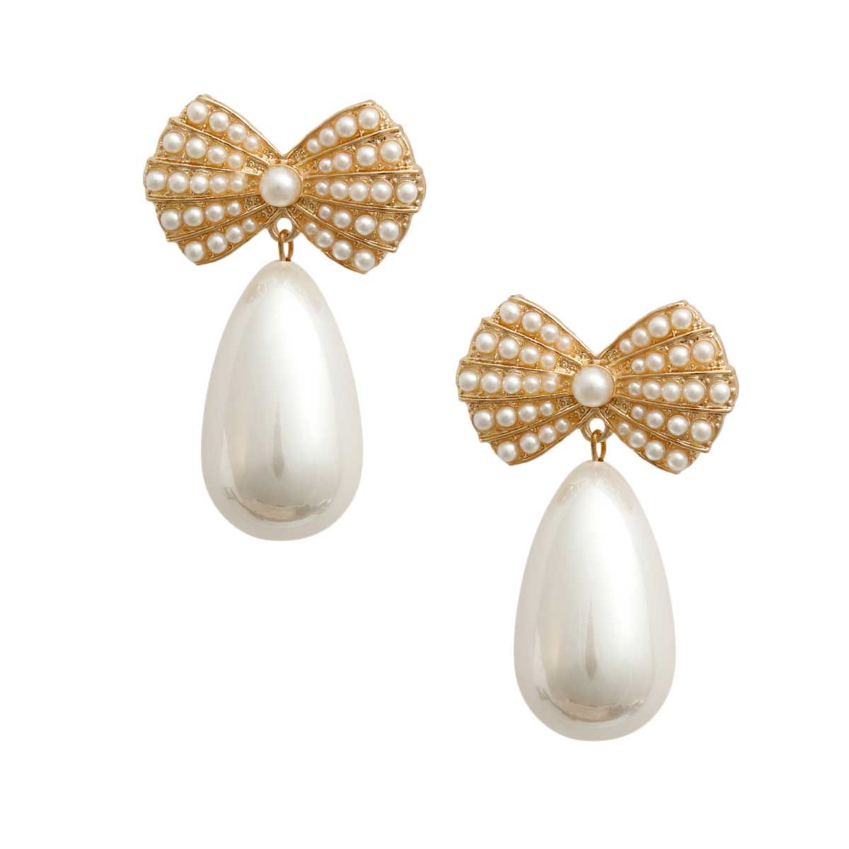 Gold Bow Cream Pearl Teardrop Earrings