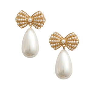 Gold Bow Cream Pearl Teardrop Earrings