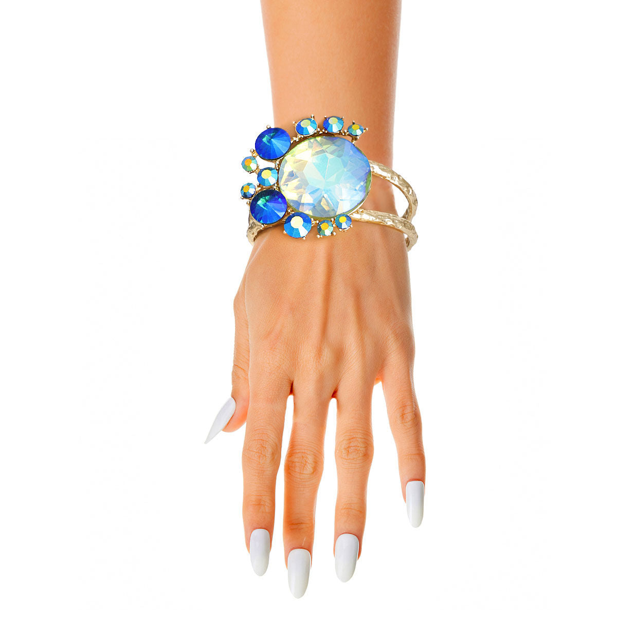 Gold Round Blue Crystals Hinge Cuff