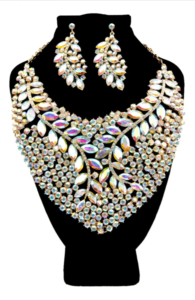 Gold and Aurora Borealis Crystal Rhinestone Bib Necklace Set Featuring Marquise and Round Cut Cluster Detail