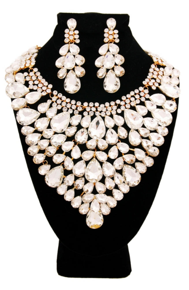 Gold and Teardrop Crystal Rhinestone Large Bib Necklace Set