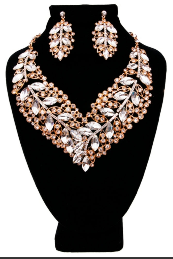 Marquise Clear Crystal and Rhinestone Bib Necklace Set