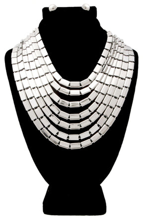 Silver Multi Strand Layered Rectangular Linked Chain Necklace Set