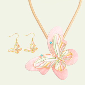 Necklace Pink Butterfly 3D Pendant Set for Women