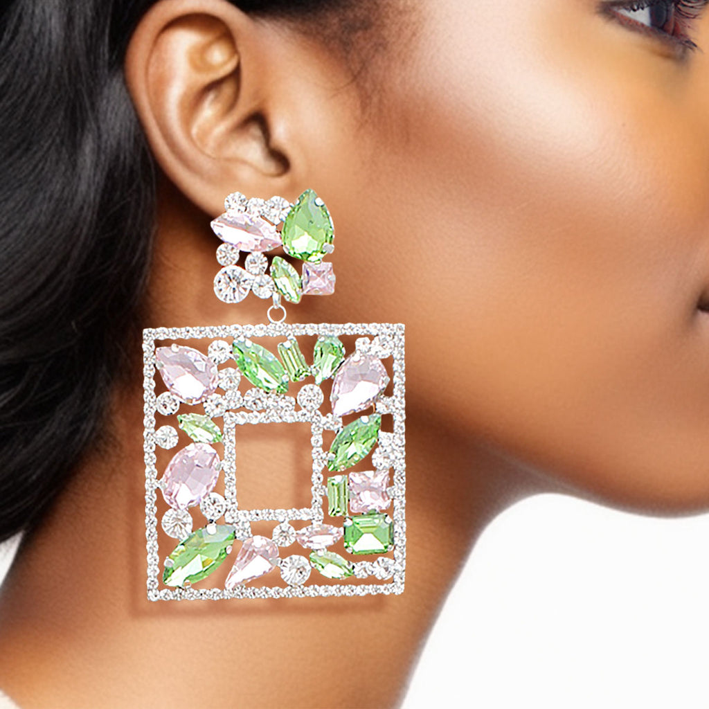 Light Pink Green Glass Crystal Square Earrings