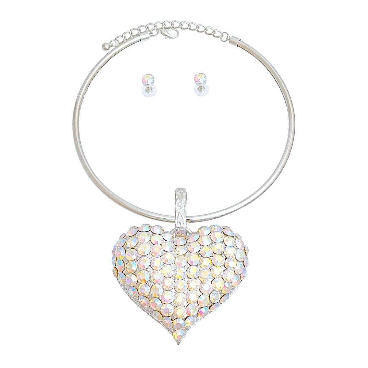 Silver Collar XL Aurora Borealis Heart Set