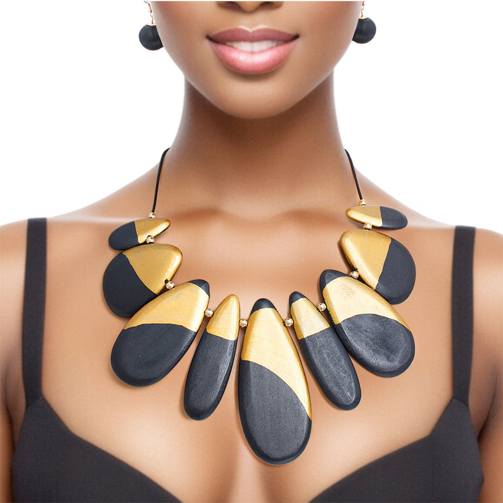 Bib Necklace Black Wood Teardrop Set for Women