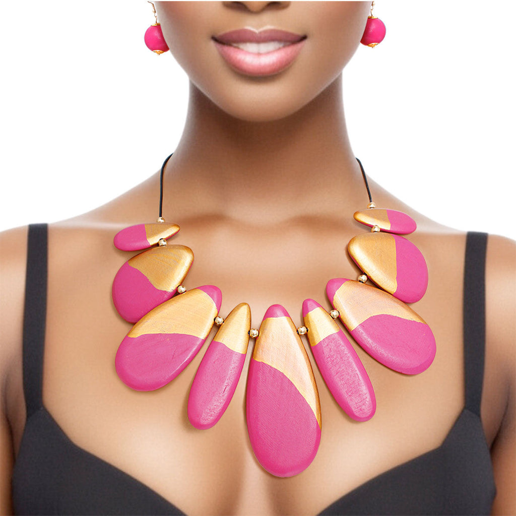 Bib Necklace Fuchsia Wood Teardrop Set for Women