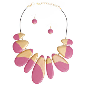 Bib Necklace Fuchsia Wood Teardrop Set for Women