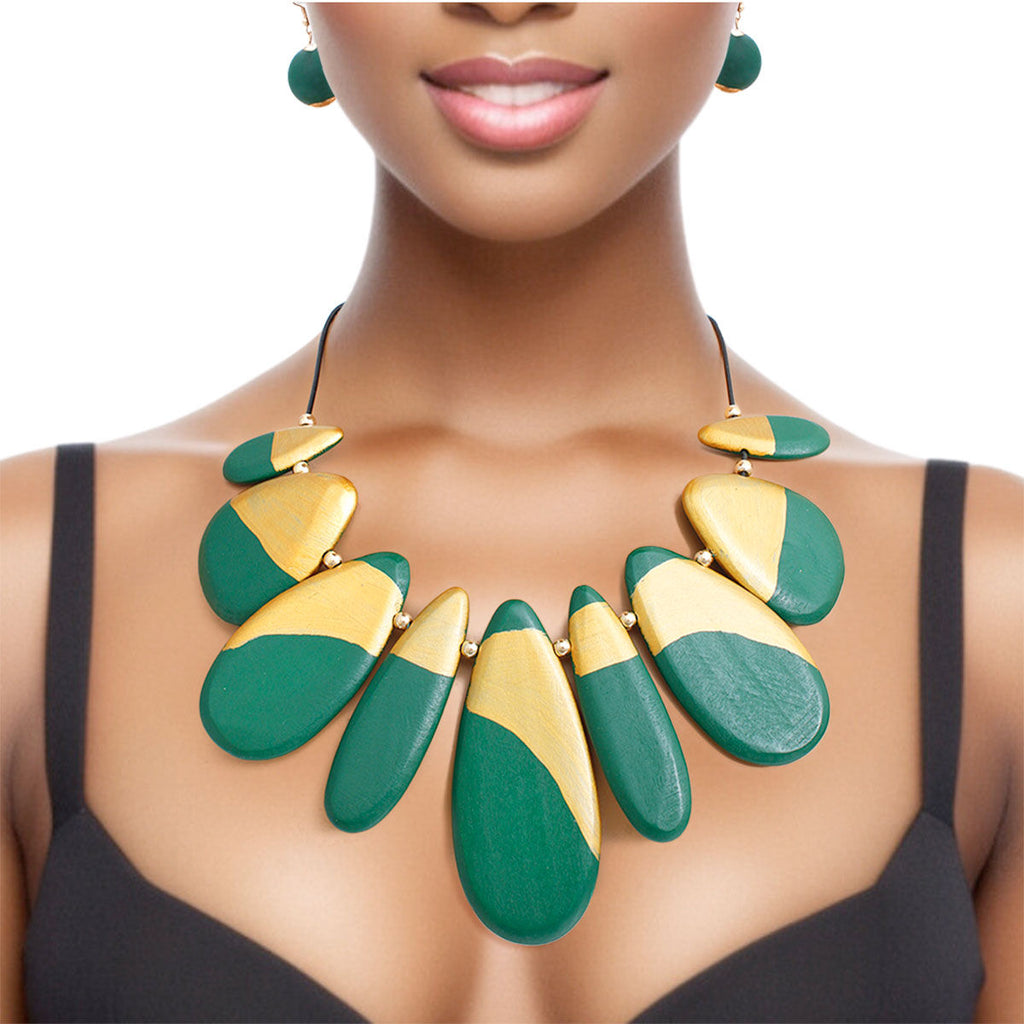 Bib Necklace Green Wood Teardrop Set for Women