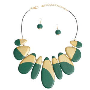 Bib Necklace Green Wood Teardrop Set for Women