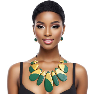 Bib Necklace Green Wood Teardrop Set for Women