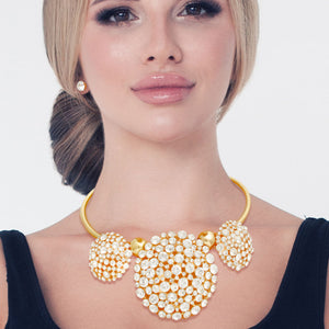 Gold Triple Rhinestone Dome Cluster Collar