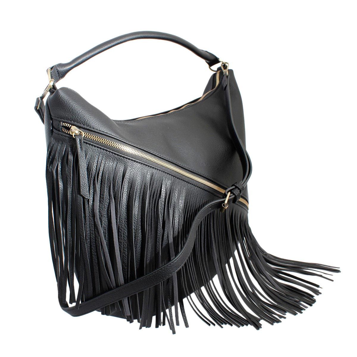 Purse Black Diagonal Fringe Hobo Bag for Women