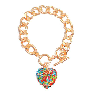 Multi Color Rhinestone Heart Toggle Bracelet