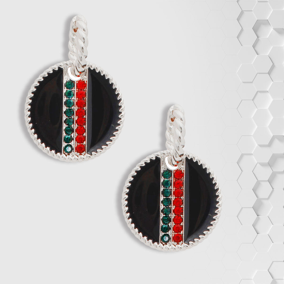 Black Stripe Charm Twisted Silver Hoops