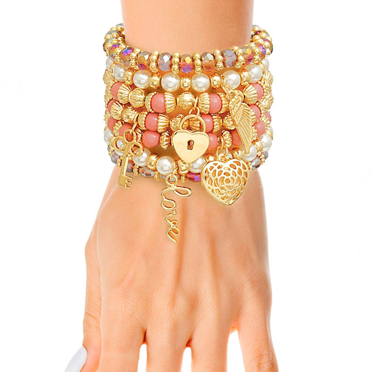 Mauve and Pearl Love Charm 5 Stacked Bracelets