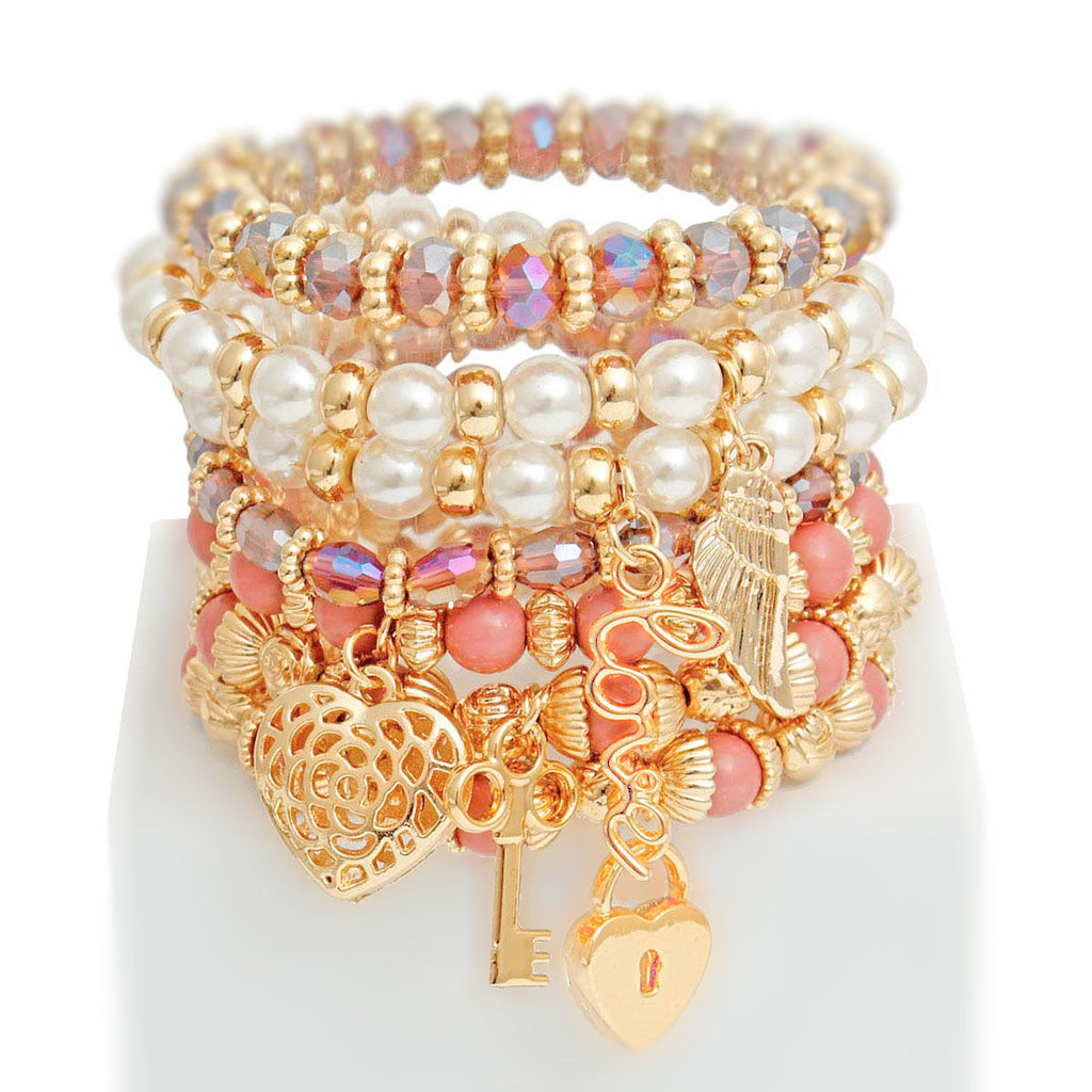 Mauve and Pearl Love Charm 5 Stacked Bracelets