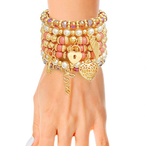 Mauve and Pearl Love Charm 5 Stacked Bracelets