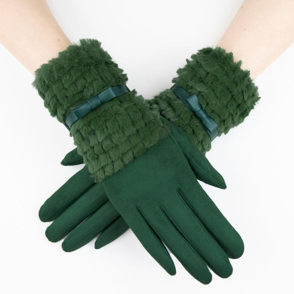 Gloves Green Ribbon Fur Winter Gloves for Women